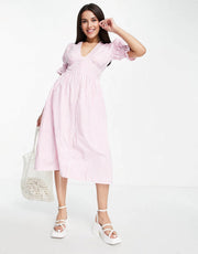 Influence Womens Puff Sleeve V Neck Maxi Dress in Pink Gingham In Pink