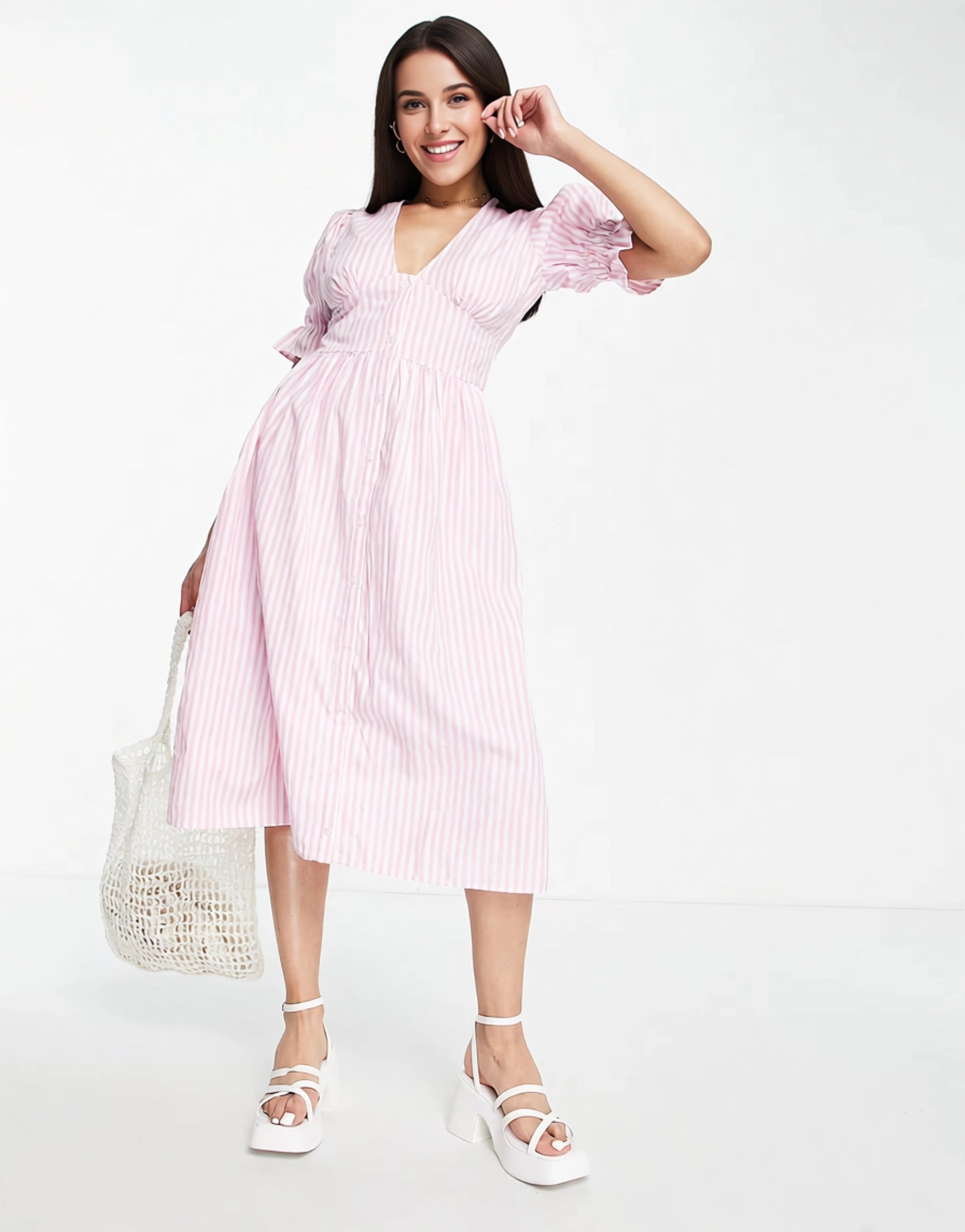 Influence Womens Puff Sleeve V Neck Maxi Dress in Pink Gingham In Pink