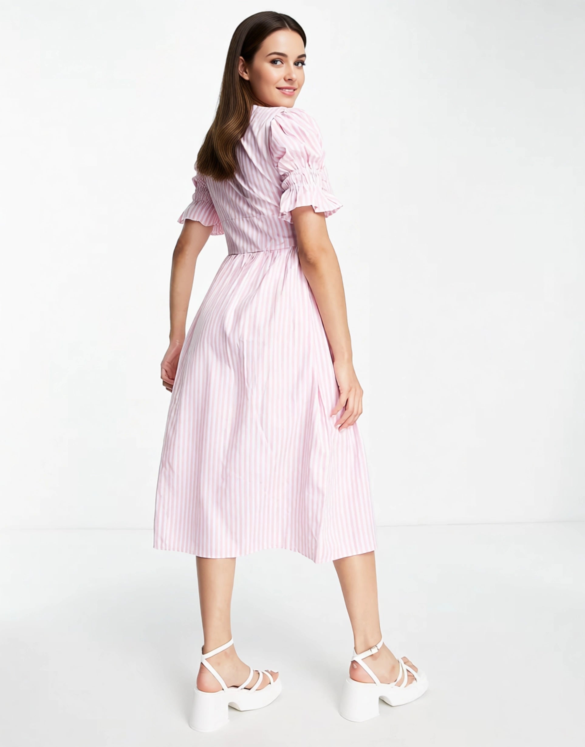 Influence Womens Puff Sleeve V Neck Maxi Dress in Pink Gingham In Pink