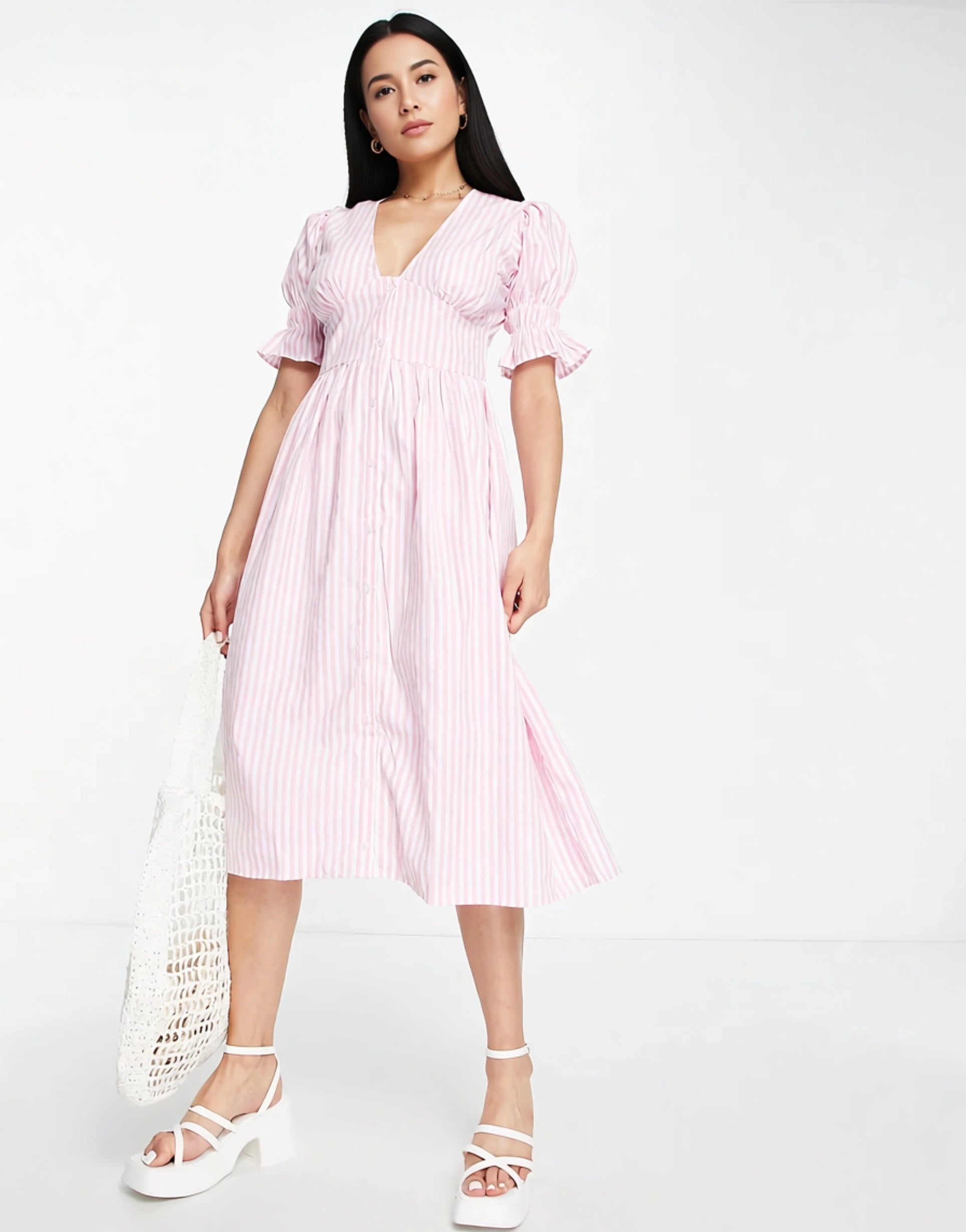 Influence Womens Puff Sleeve V Neck Maxi Dress in Pink Gingham In Pink