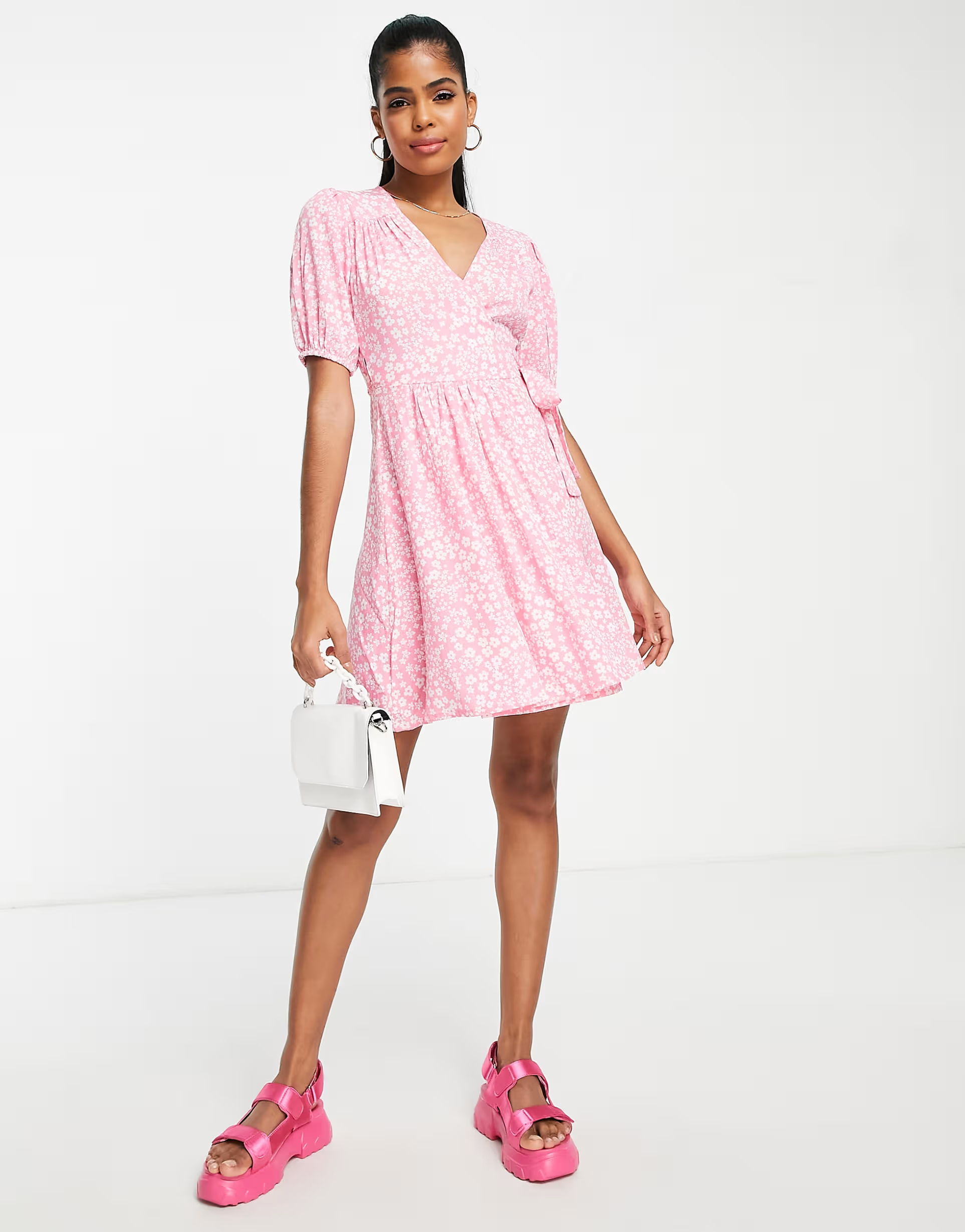 Influence puff sleeve wrap frill mini dress in pink floral