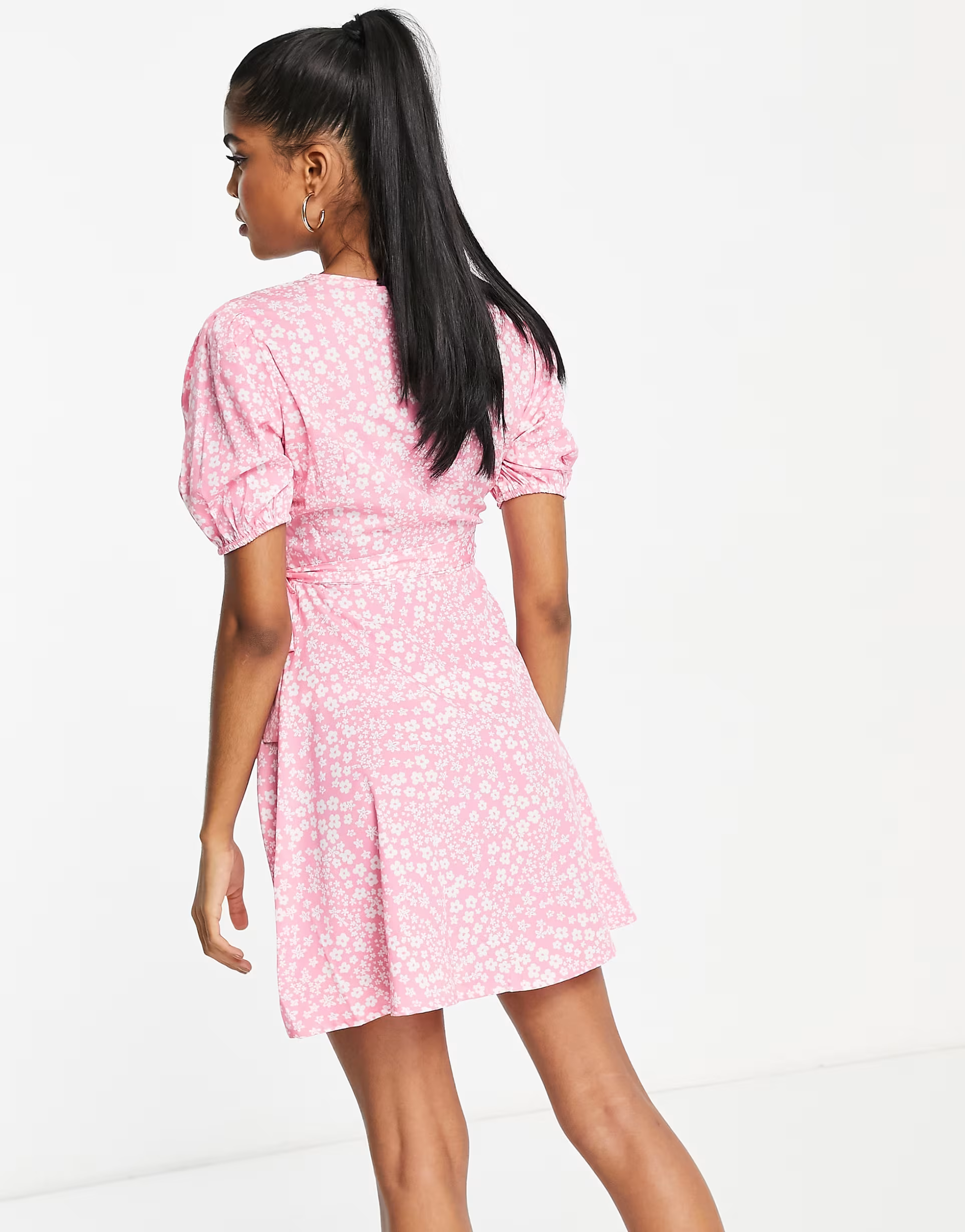 Influence puff sleeve wrap frill mini dress in pink floral