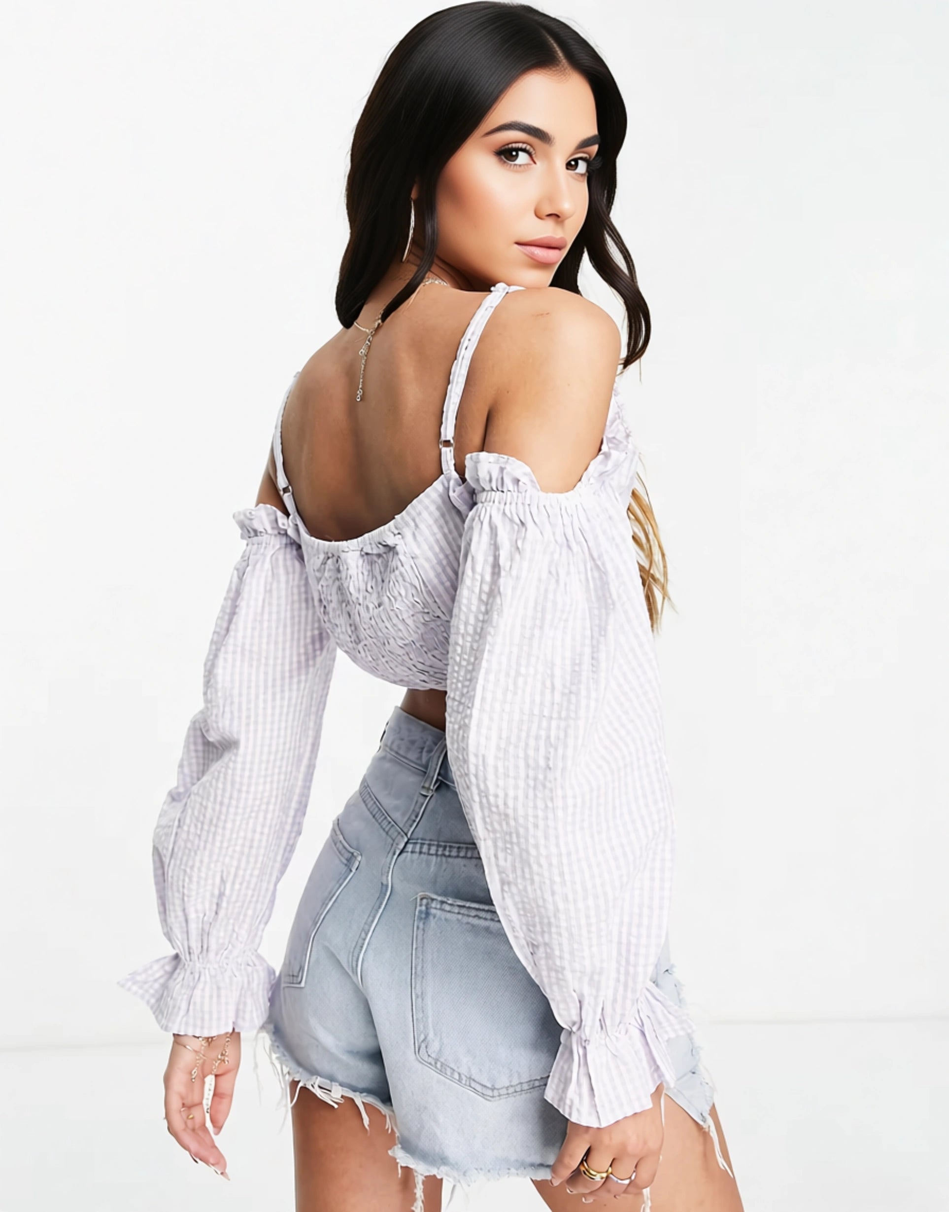 Influence Womens Cold Shoulder Bardot Crop Top in Lilac Gingham In Purple