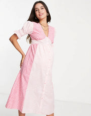 Influence Maternity Women's V Neck Midi Dress in Mixed Gingham In Pink