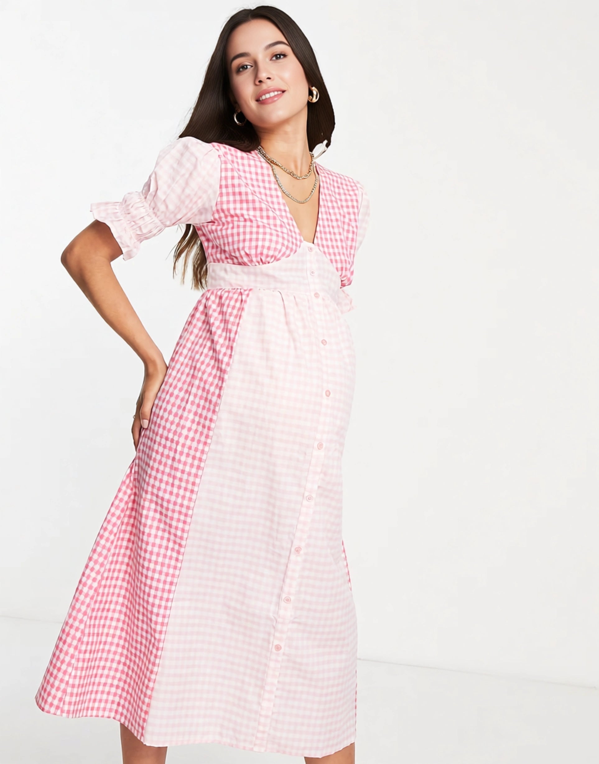 Influence Maternity Women's V Neck Midi Dress in Mixed Gingham In Pink