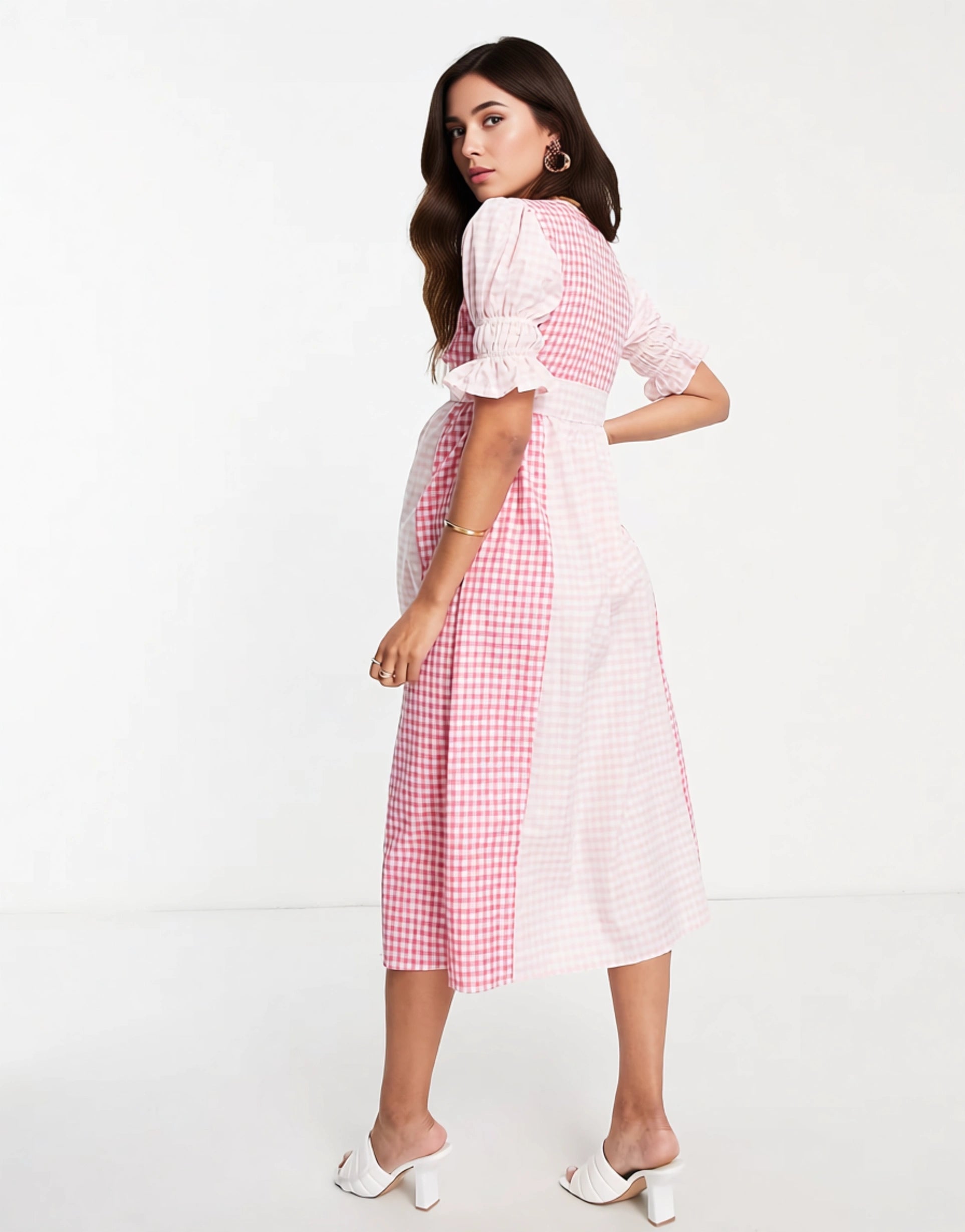 Influence Maternity Women's V Neck Midi Dress in Mixed Gingham In Pink