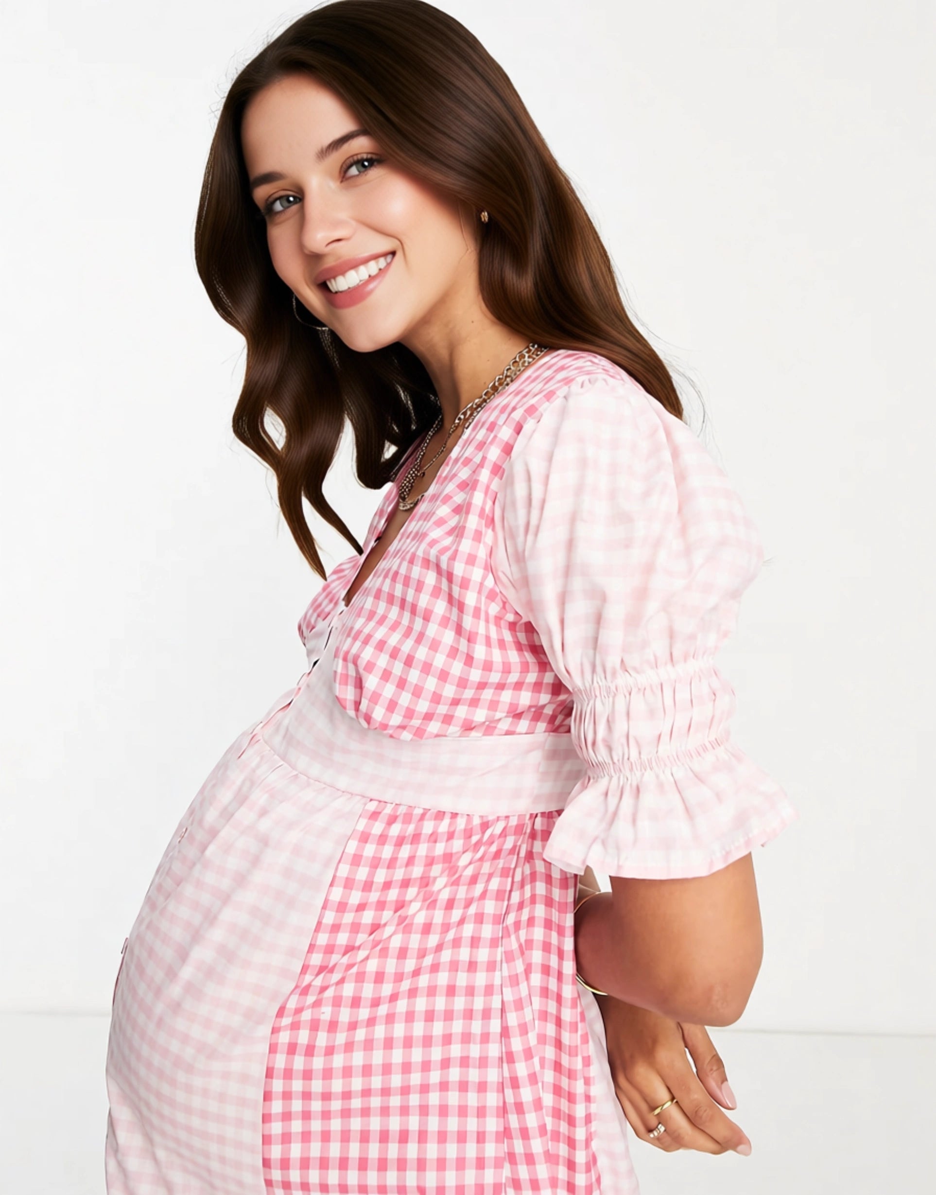 Influence Maternity Women's V Neck Midi Dress in Mixed Gingham In Pink