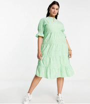 Influence Plus Women's Short Frill Sleeve Midi Dress in Green Gingham In Green