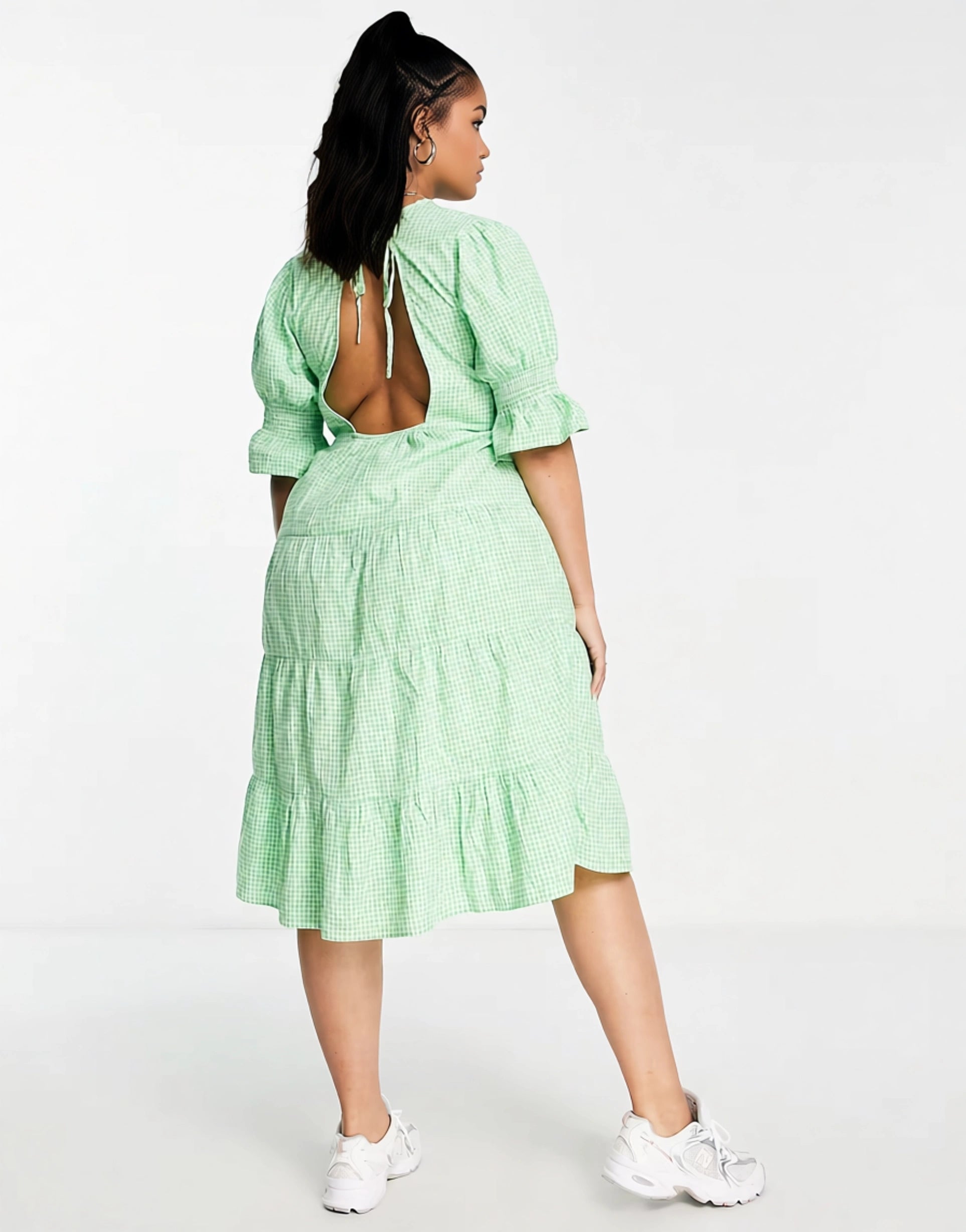 Influence Plus Women's Short Frill Sleeve Midi Dress in Green Gingham In Green