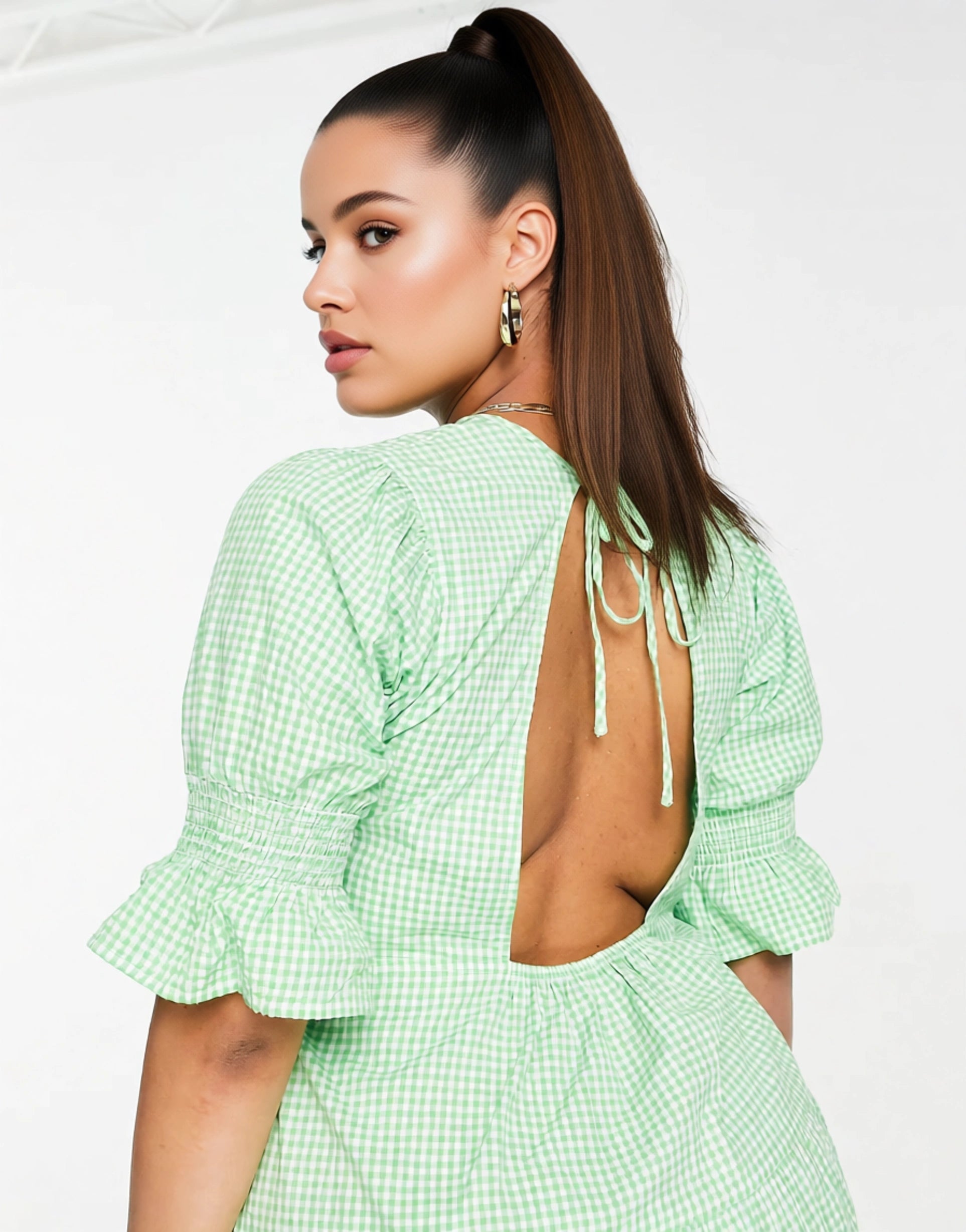 Influence Plus Women's Short Frill Sleeve Midi Dress in Green Gingham In Green