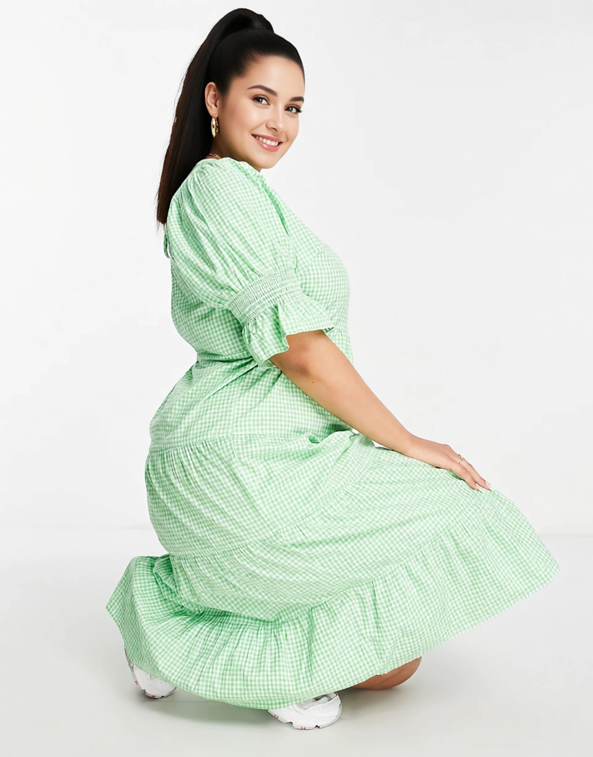 Influence Plus Women's Short Frill Sleeve Midi Dress in Green Gingham In Green