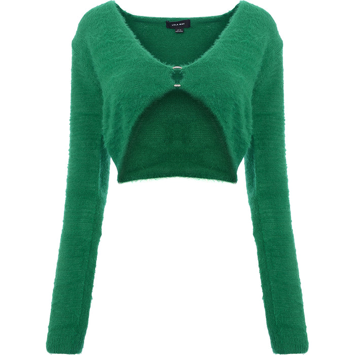 Lola May Women's Green Fluffy Cardigan With Ring Detail