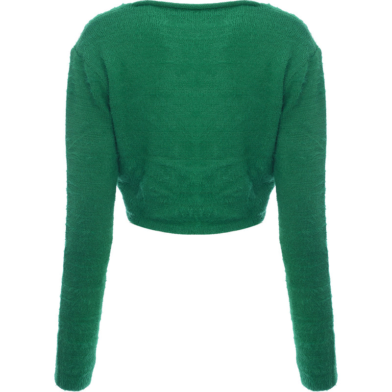 Lola May Women's Green Fluffy Cardigan With Ring Detail