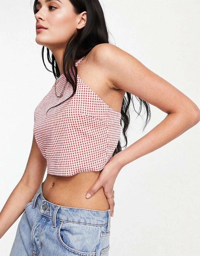 Lola May Womens Strappy Open Back Crop Top in Red Gingham