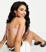 LOLA MAY Womens Petite Strappy Open Back Crop Top in Red Gingham