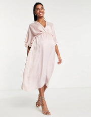 Queen Bee Women's Satin Maternity Midi Dress With Kimono Sleeve in Blush In Pink