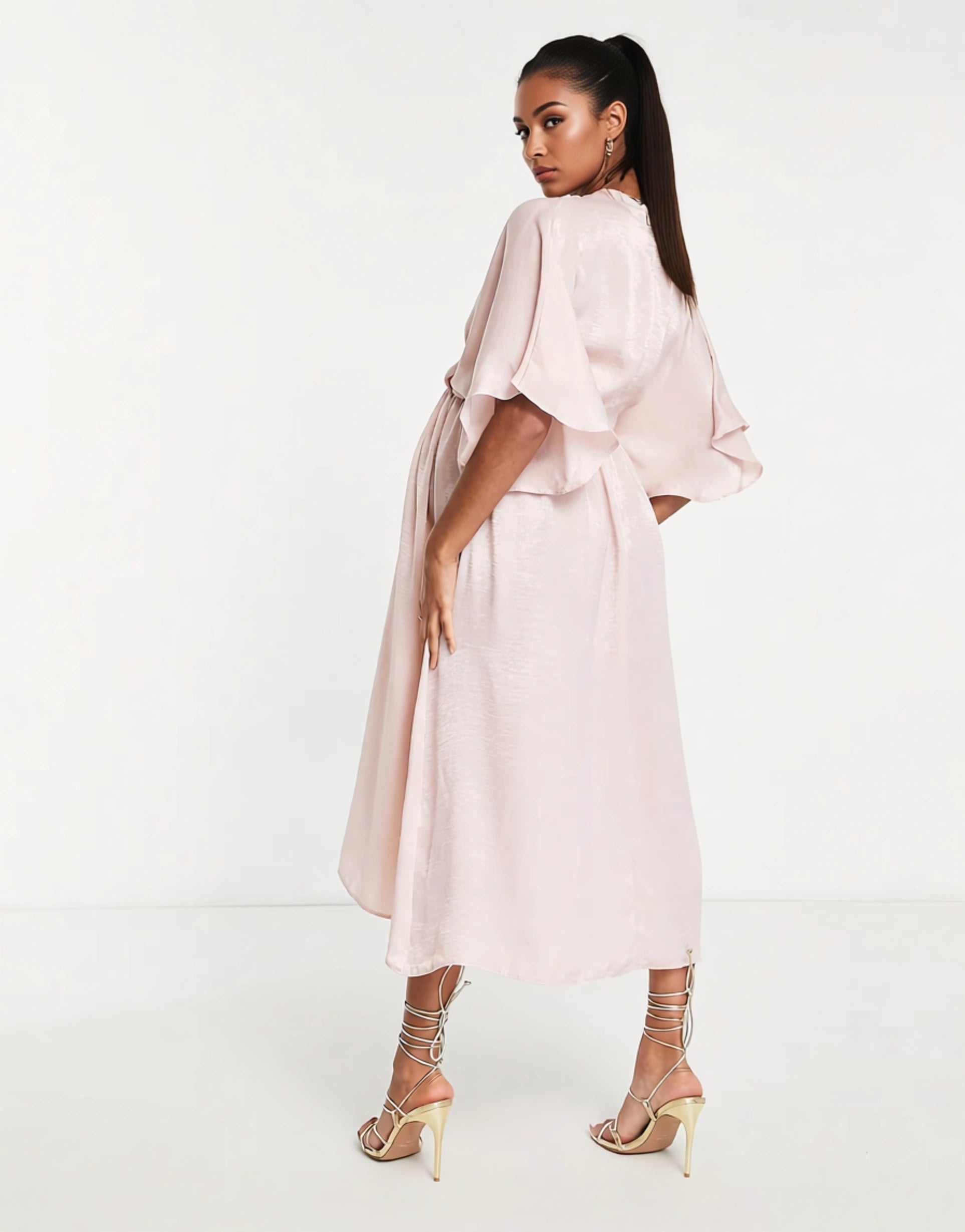 Queen Bee Women's Satin Maternity Midi Dress With Kimono Sleeve in Blush In Pink