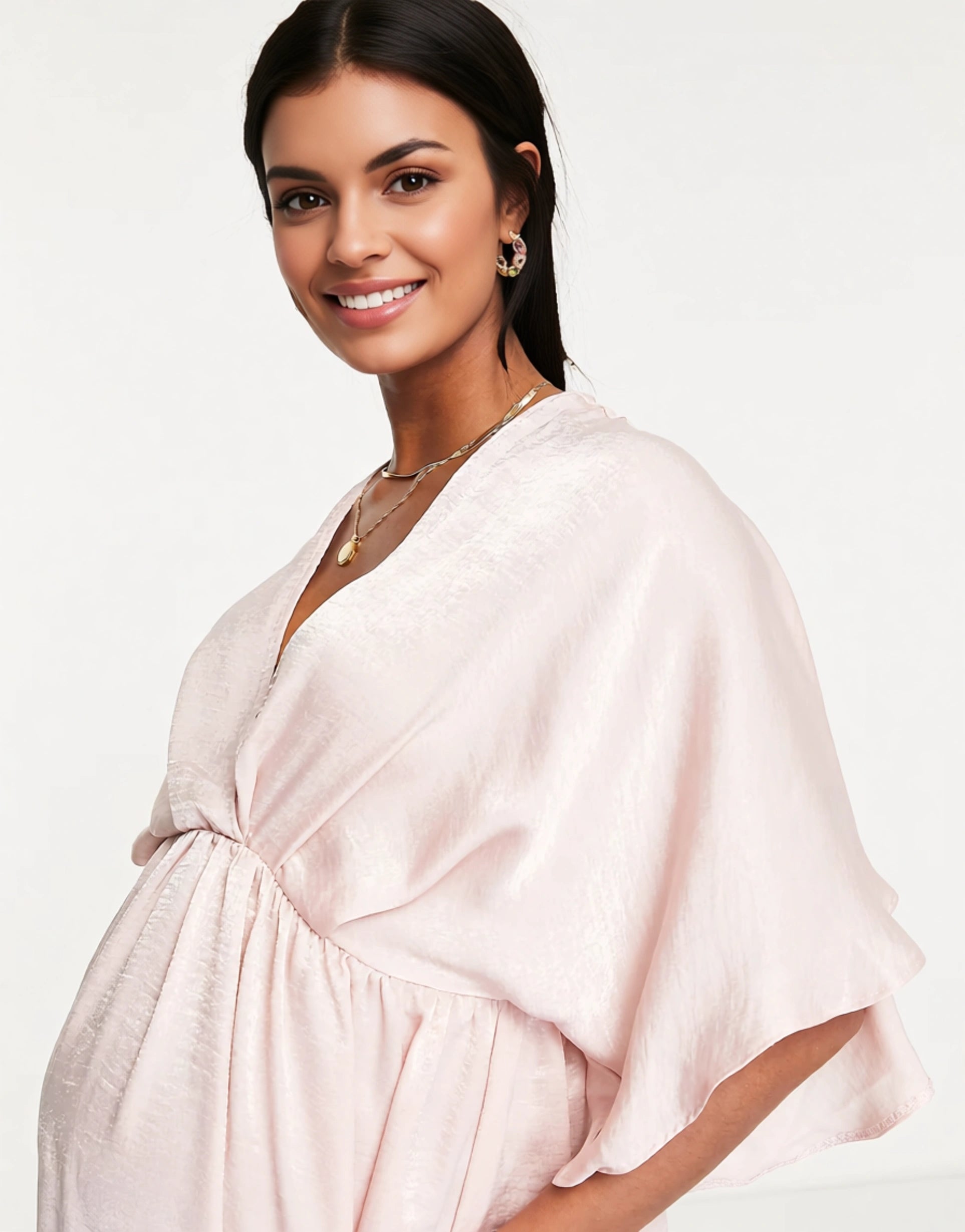 Queen Bee Women's Satin Maternity Midi Dress With Kimono Sleeve in Blush In Pink
