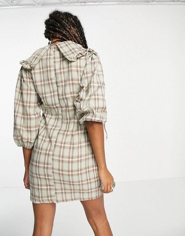 Heartbreak Womens Frill Collar Mini Dress in Sage Check In Multi