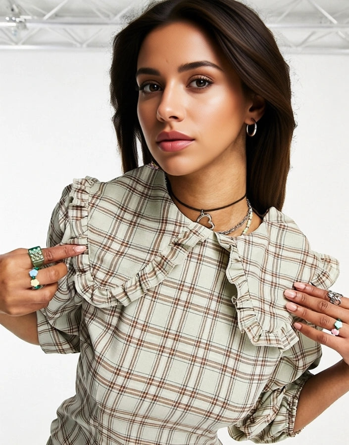 Heartbreak Womens Frill Collar Mini Dress in Sage Check In Multi