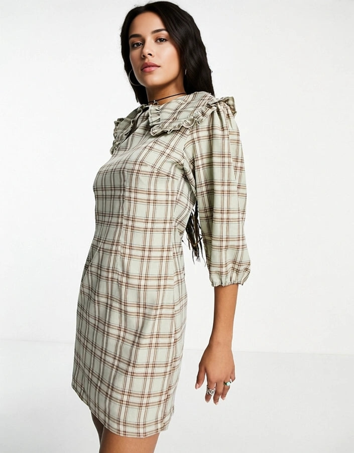 Heartbreak Womens Frill Collar Mini Dress in Sage Check In Multi