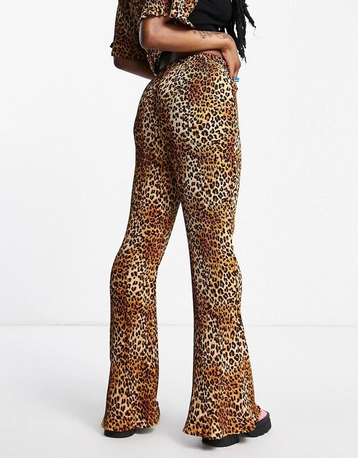 Daisy Street Womens Relaxed Wide Leg Trousers in Leopard Plisse Co-Ord In Multi