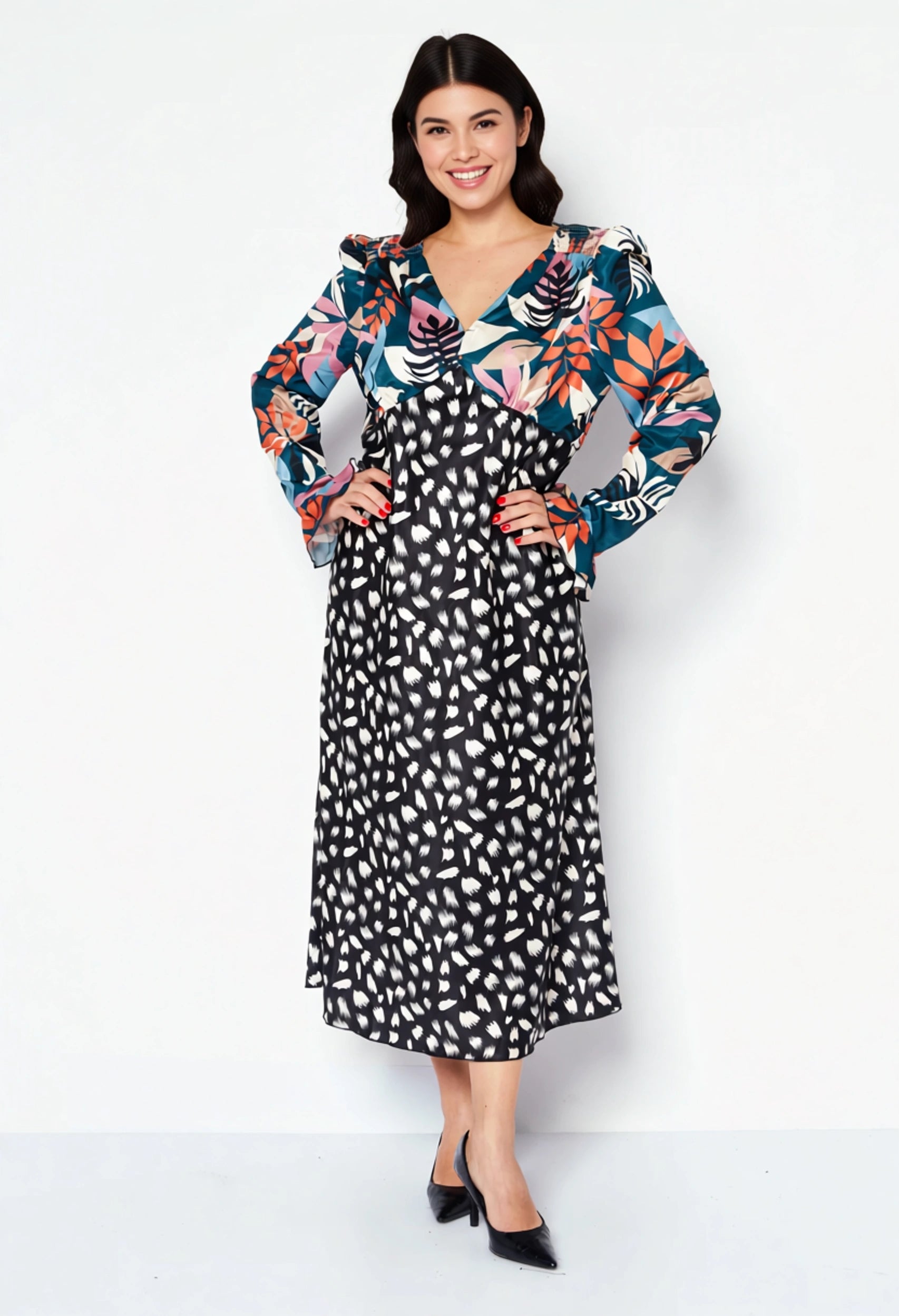 Little Mistress Women's Plunge Front Midi Tea Dress in Patwork Floral And Spot Print In Multi