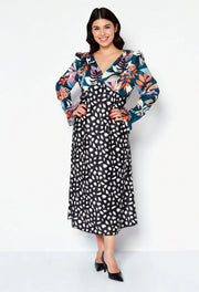 Little Mistress Women's Plunge Front Midi Tea Dress in Patwork Floral And Spot Print In Multi