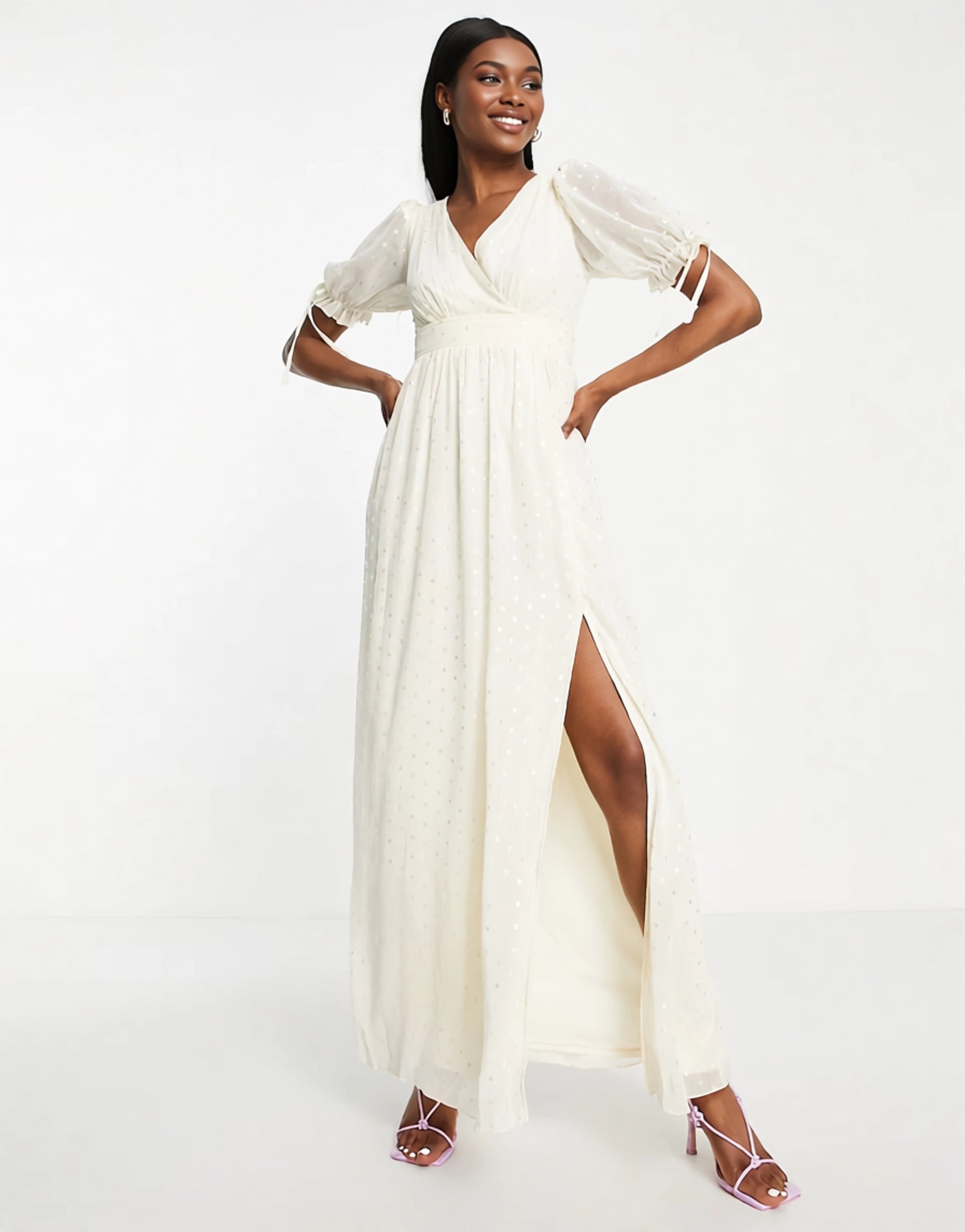 Little Mistress Women's Short Sleeve Maxi Tea Dress in Iridescent Spot In White