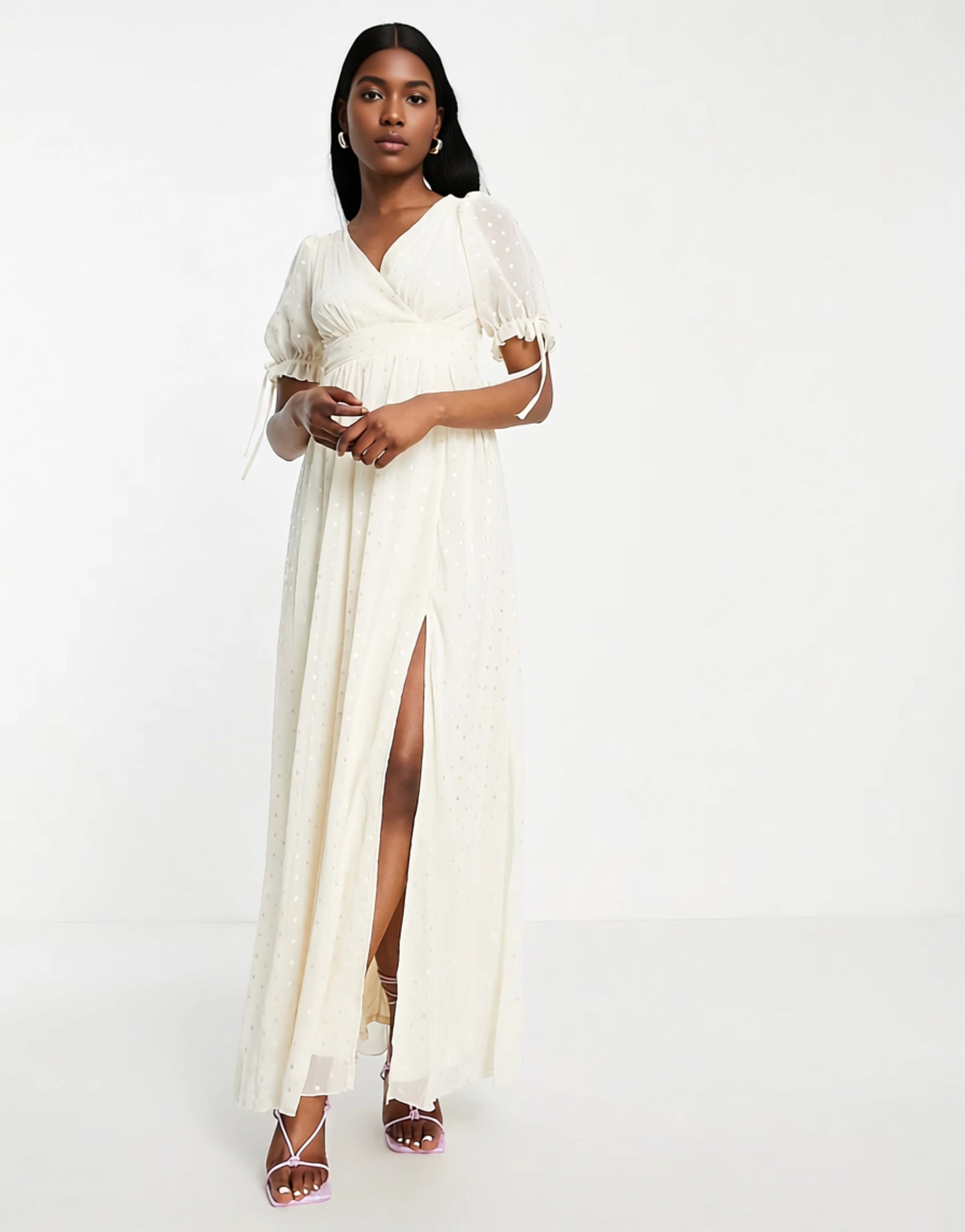 Little Mistress Women's Short Sleeve Maxi Tea Dress in Iridescent Spot In White