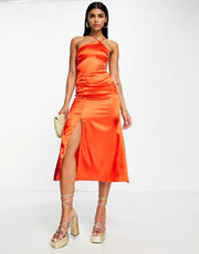 Urban Threads Petite Womens One Shoulder Strap Back Satin Midi Dress In Orange