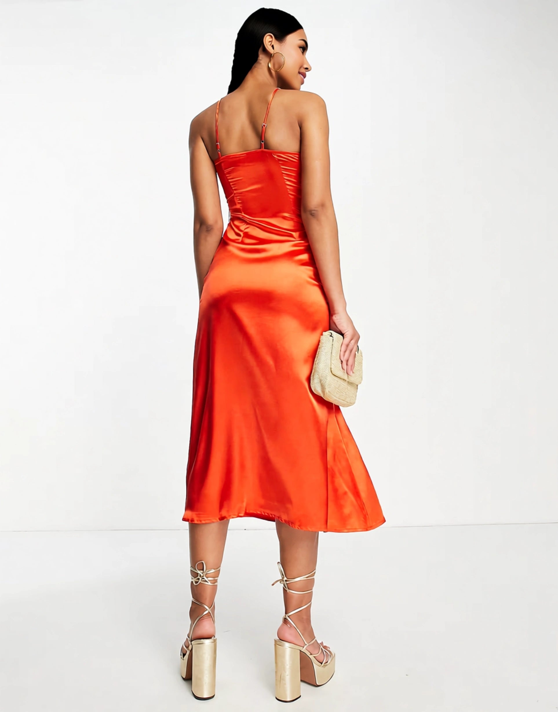 Urban Threads Petite Womens One Shoulder Strap Back Satin Midi Dress In Orange