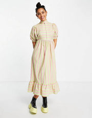 Lost Ink Women's Stripe Button Front Midaxi Dress in Green And Pink In Multi