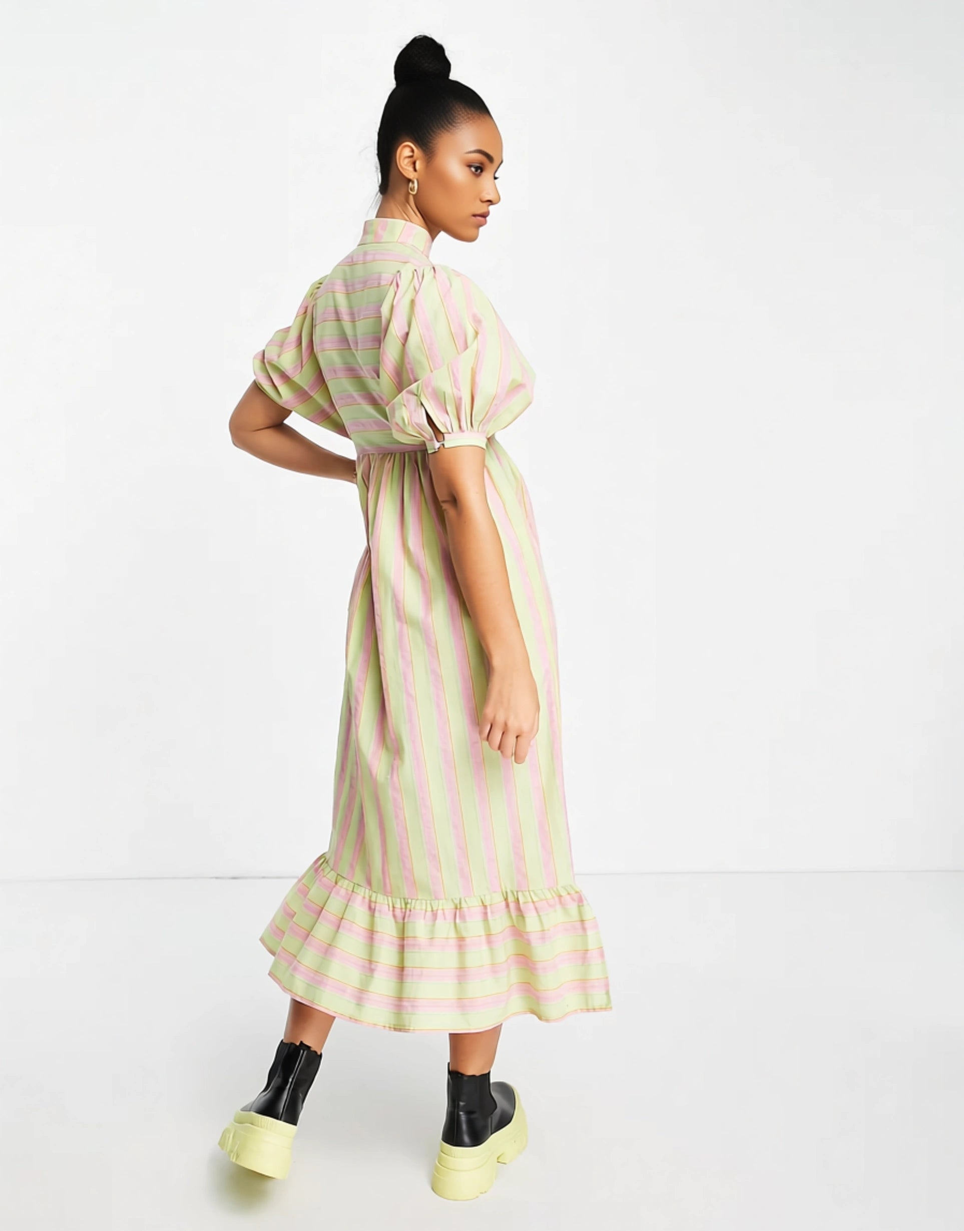 Lost Ink Women's Stripe Button Front Midaxi Dress in Green And Pink In Multi