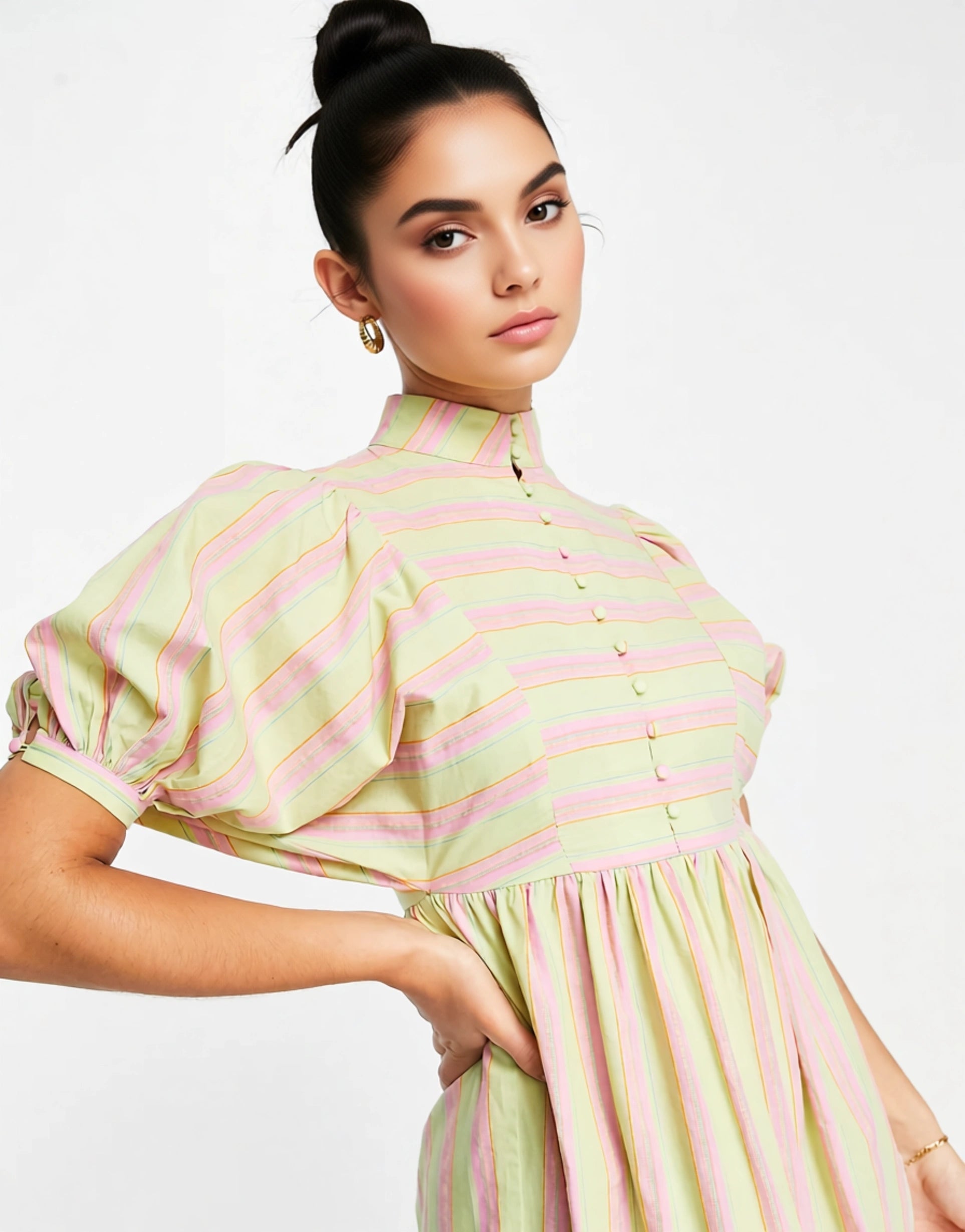 Lost Ink Women's Stripe Button Front Midaxi Dress in Green And Pink In Multi