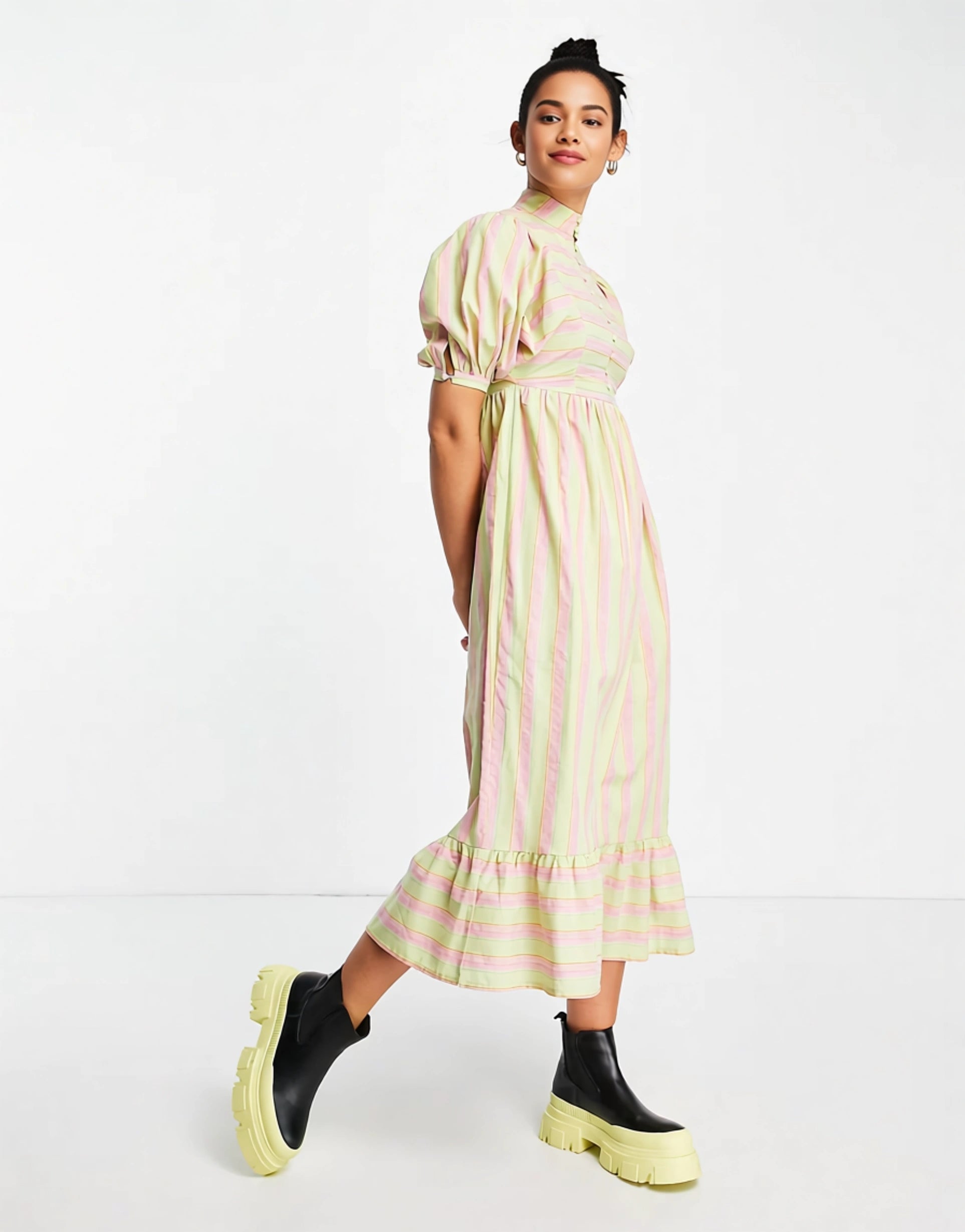 Lost Ink Women's Stripe Button Front Midaxi Dress in Green And Pink In Multi