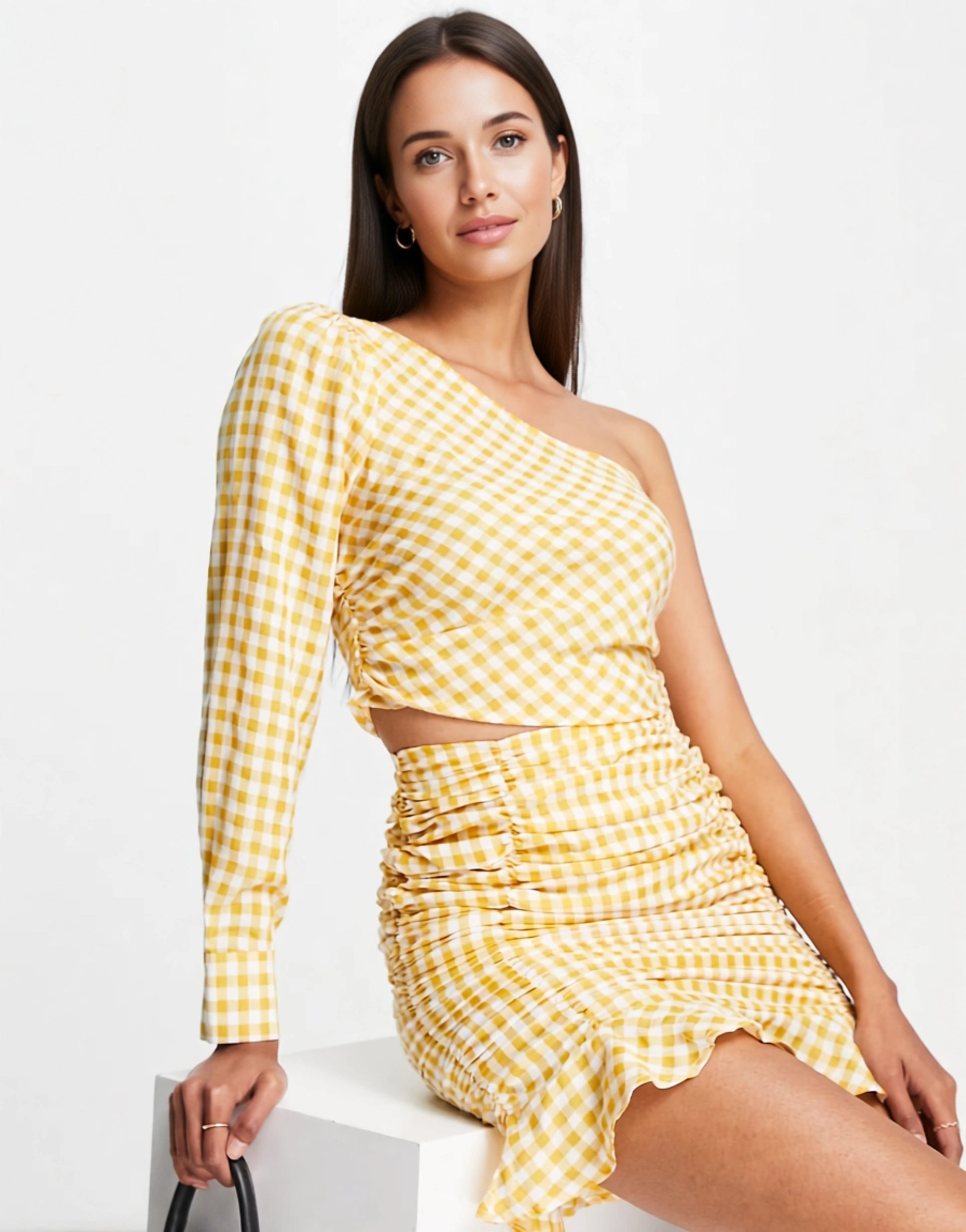 Urban Threads Womens One Shoulder Crop Top Co-Ord in Yellow Gingham