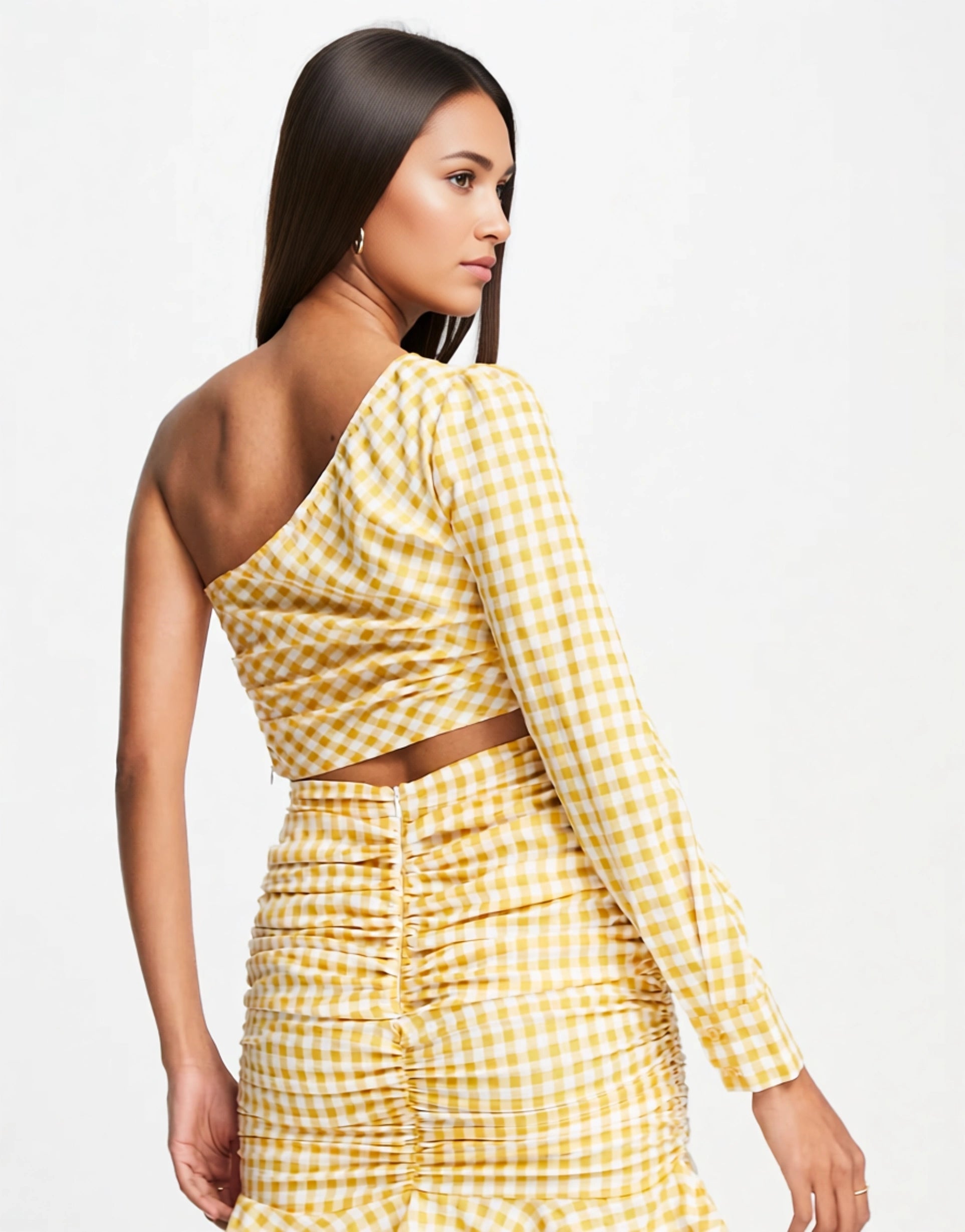 Urban Threads Womens One Shoulder Crop Top Co-Ord in Yellow Gingham