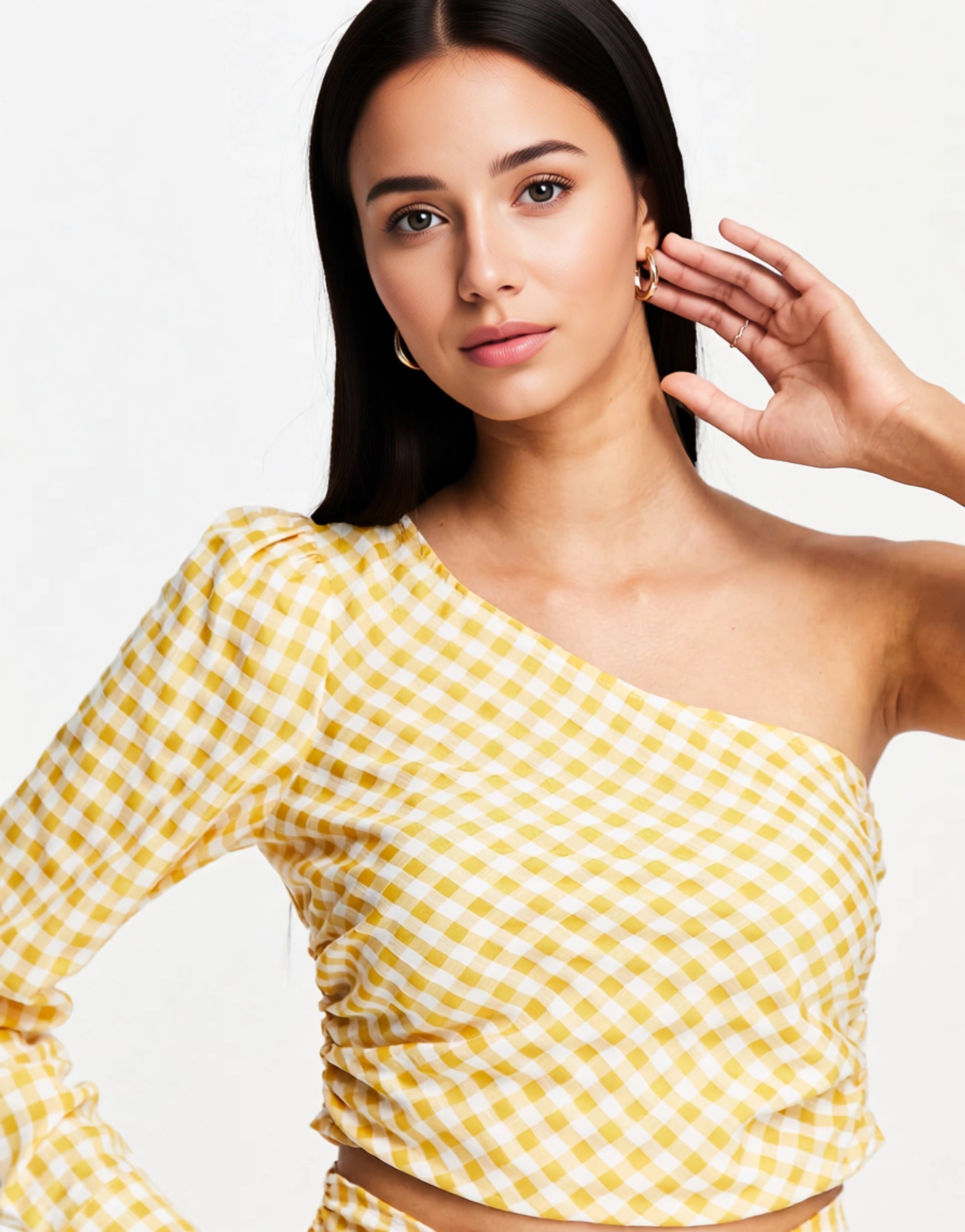 Urban Threads Womens One Shoulder Crop Top Co-Ord in Yellow Gingham