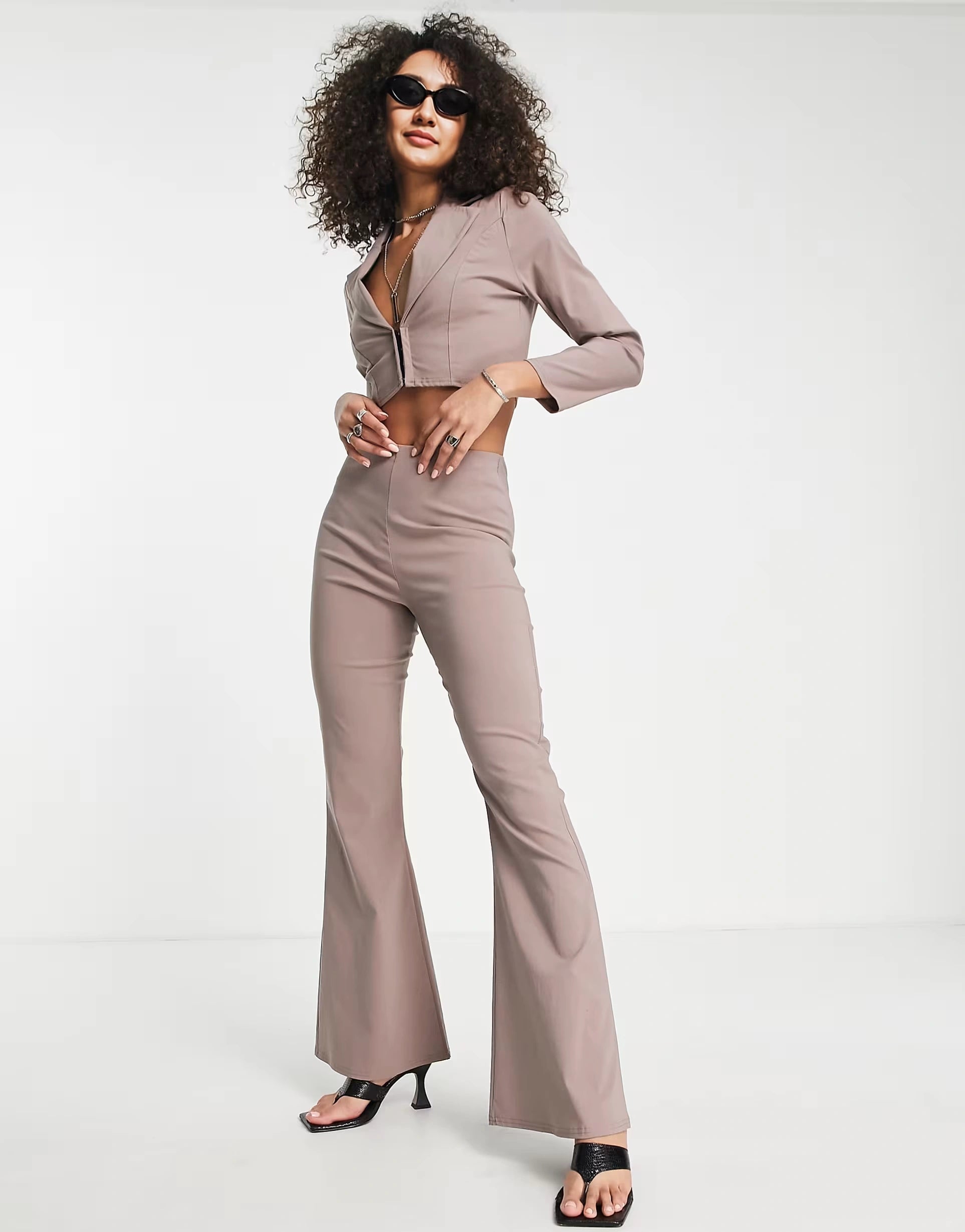 I Saw It First Womens Skinny Flare Trousers Co Ord in Stone