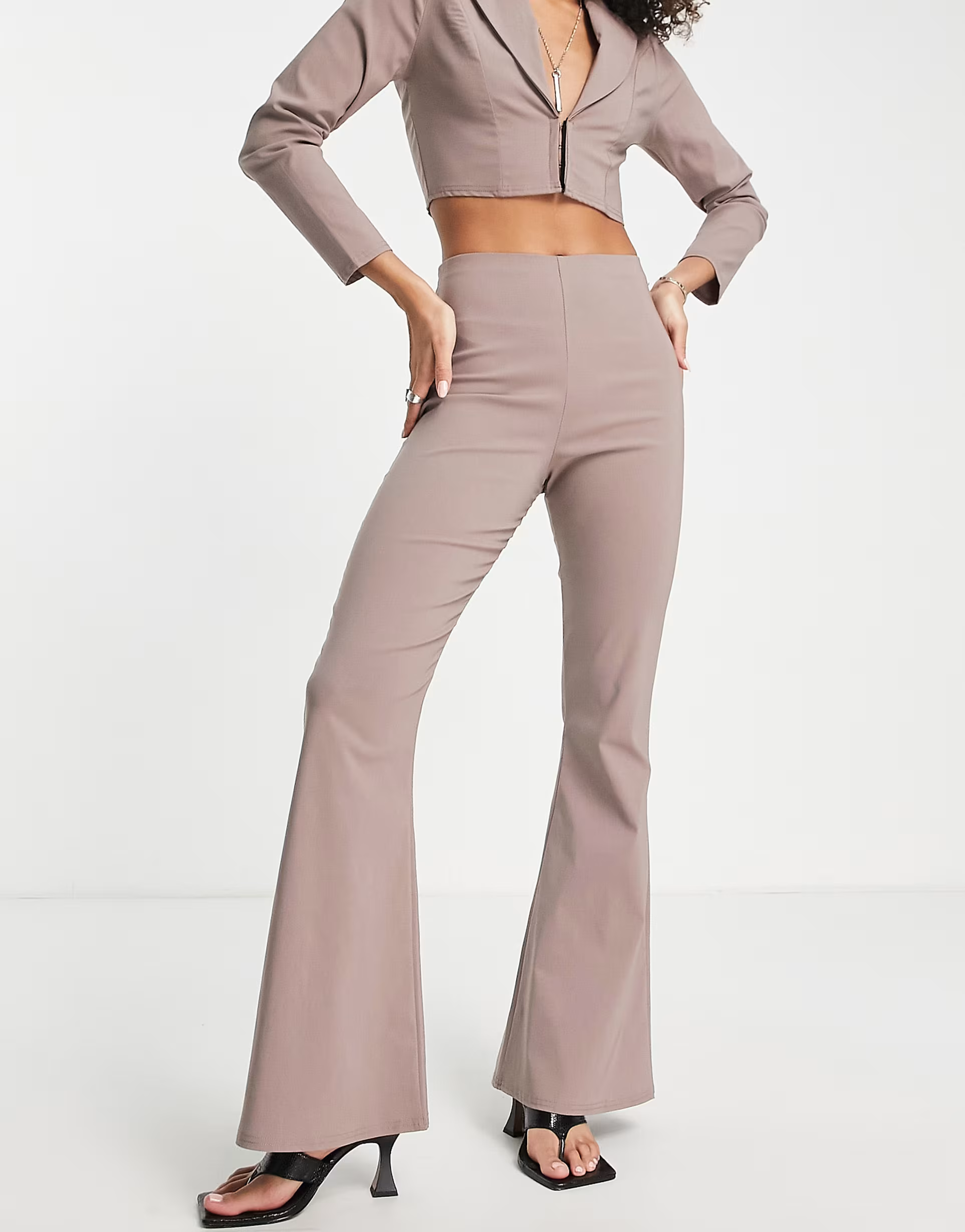 I Saw It First Womens Skinny Flare Trousers Co Ord in Stone