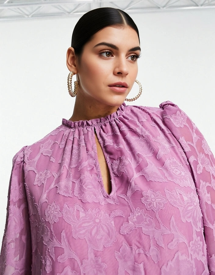 Little Mistress Plus Women's Long Sleeve Mini Dress With Ruffle Skirt in Lilac In Purple
