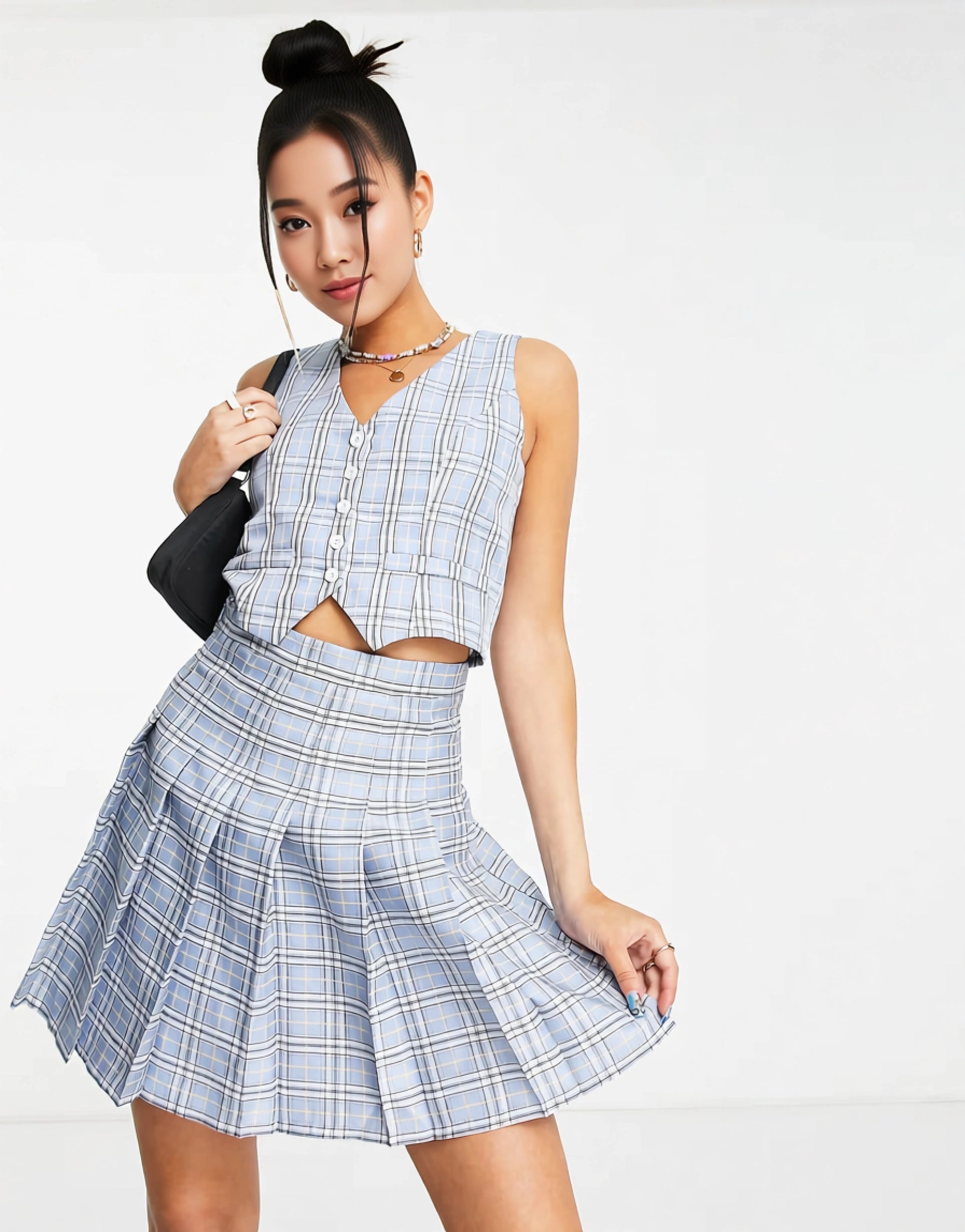 Womens Daisy Street Cropped 90S Waistcoat In Blue Check Co-Ord