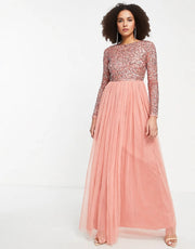 Maya Womens Long Sleeve Maxi Tulle Dress With Tonal Delicate Sequin In Burnt Amber