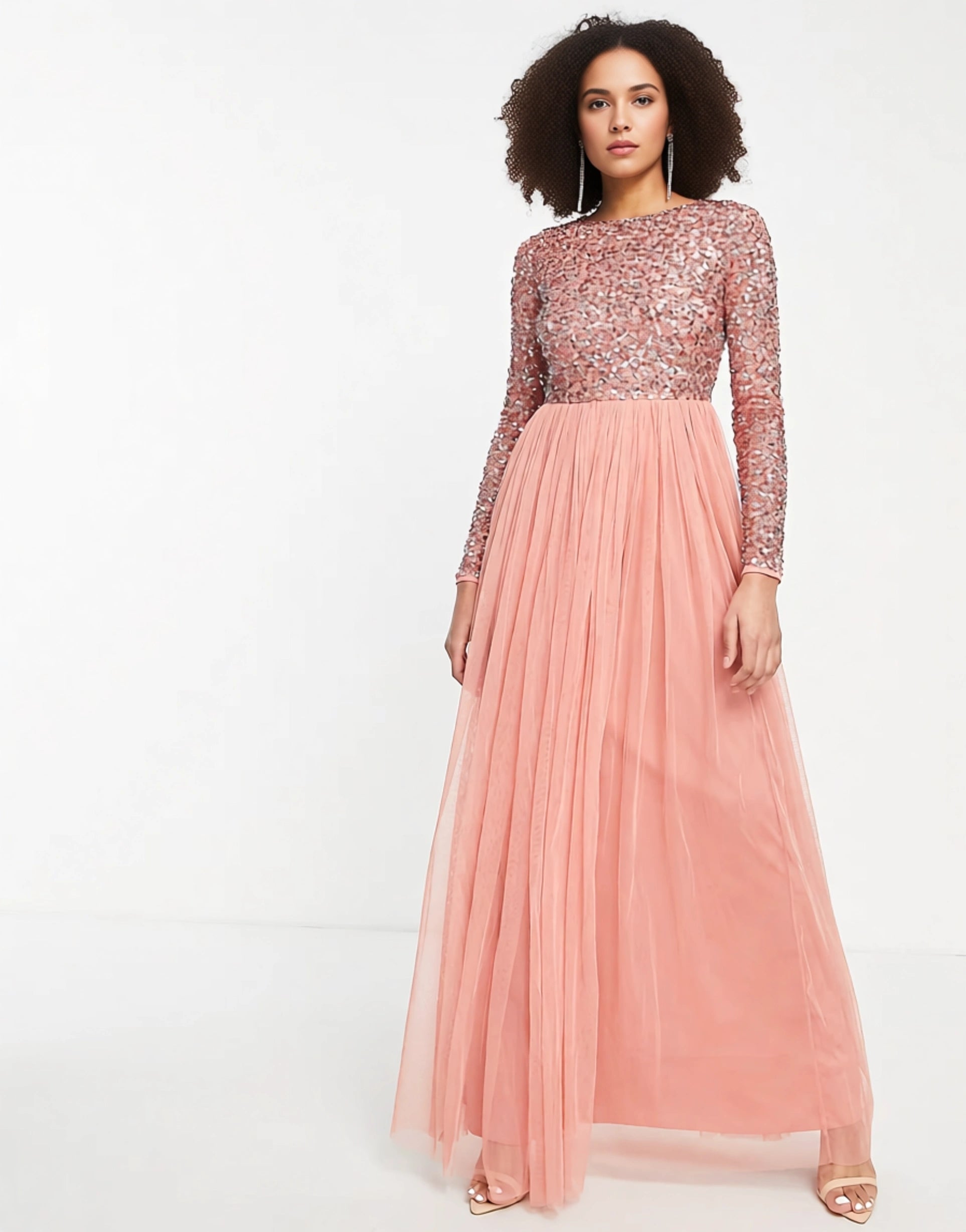 Maya Womens Long Sleeve Maxi Tulle Dress With Tonal Delicate Sequin In Burnt Amber