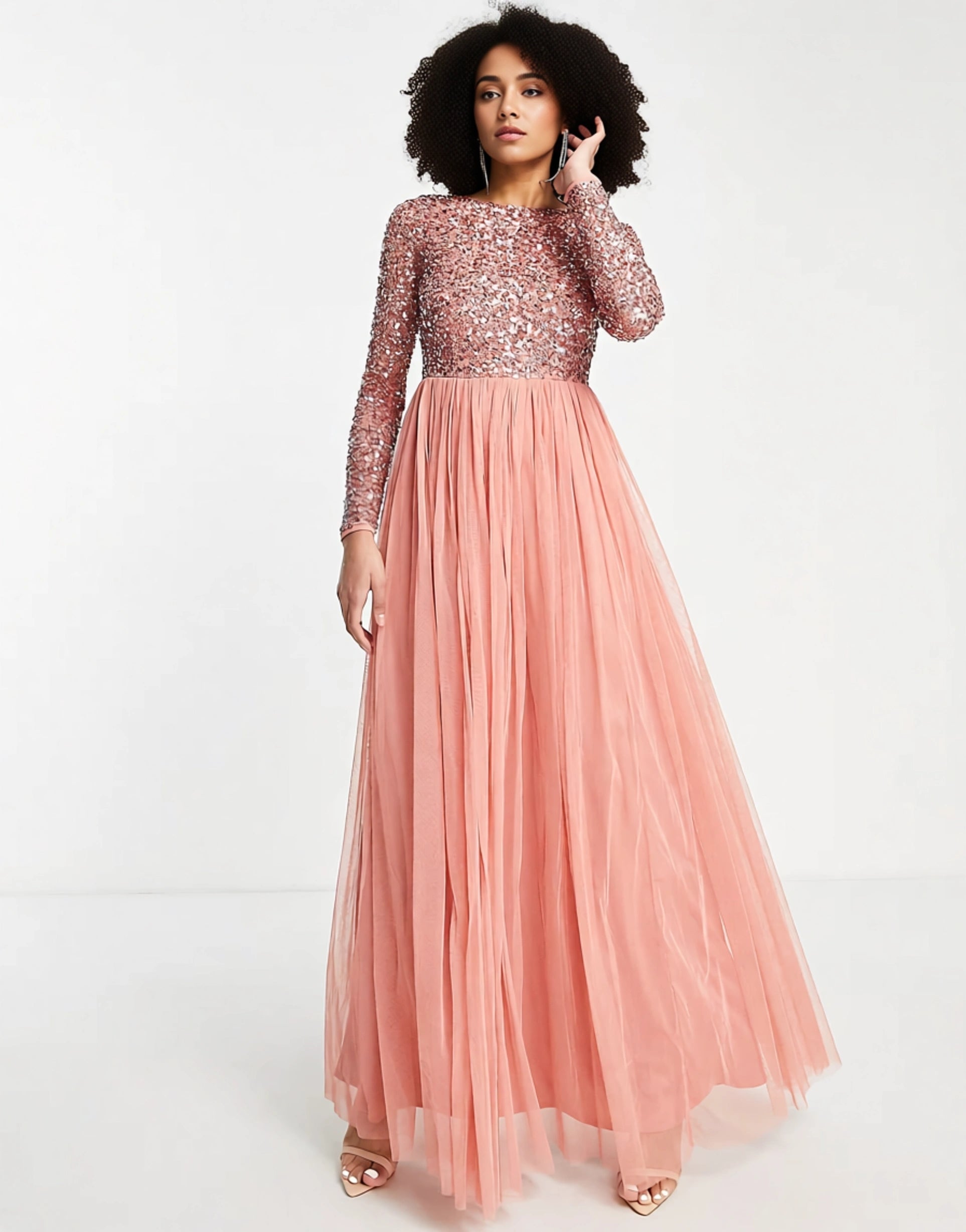 Maya Womens Long Sleeve Maxi Tulle Dress With Tonal Delicate Sequin In Burnt Amber