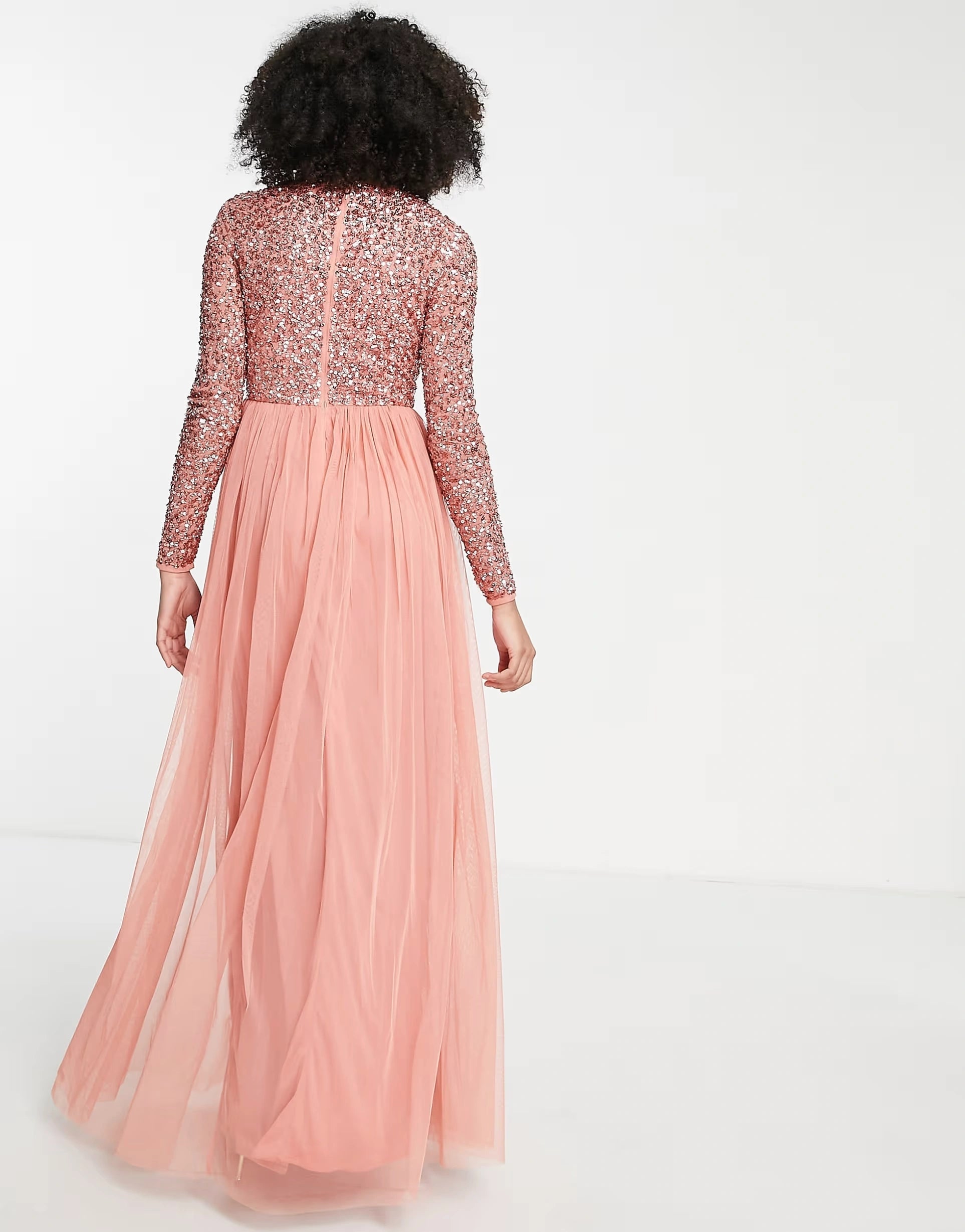 Maya Womens Long Sleeve Maxi Tulle Dress With Tonal Delicate Sequin In Burnt Amber
