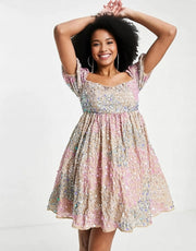 Maya Womens Puff Sleeve Mini All Over Embellished Mini Dress in Gold