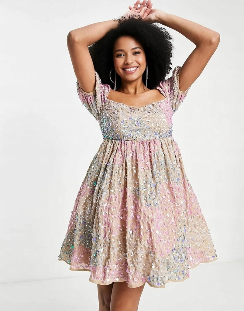 Maya Womens Puff Sleeve Mini All Over Embellished Mini Dress in Gold