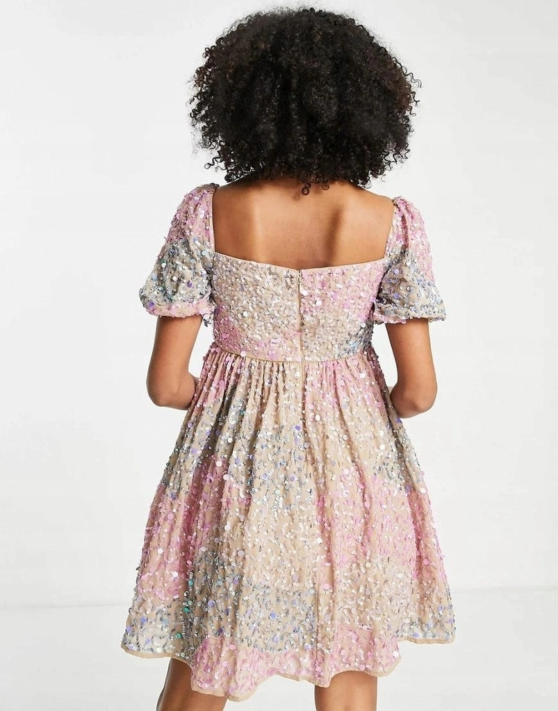 Maya Womens Puff Sleeve Mini All Over Embellished Mini Dress in Gold